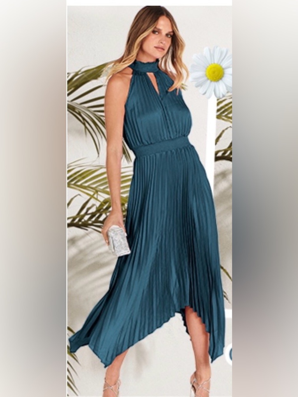 ANRABESS Women Teal Pleated Midi Dress Size M Asymmetric Halter Evening Cocktail